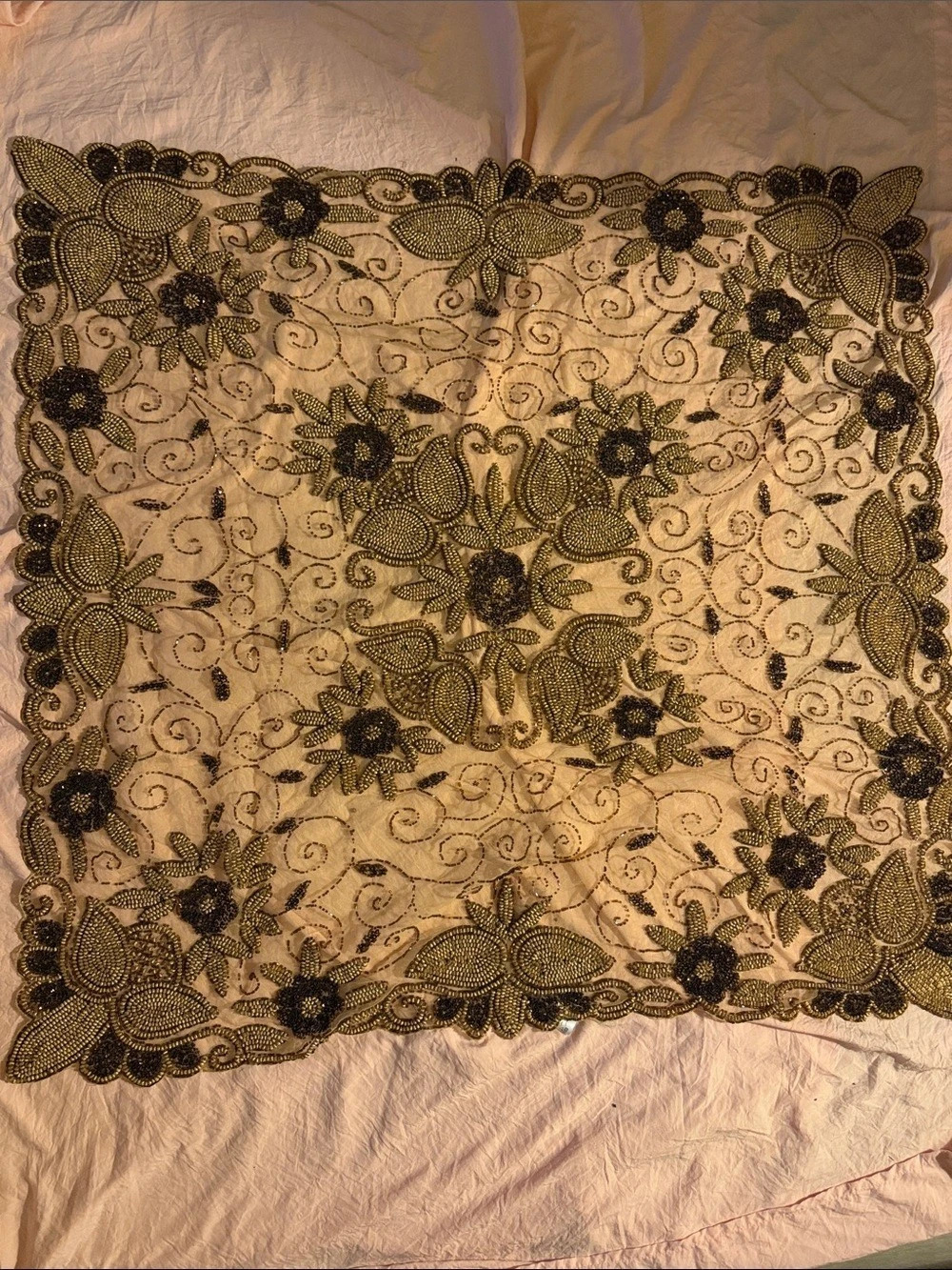 Gold Beaded Floral Embroidered table cloth